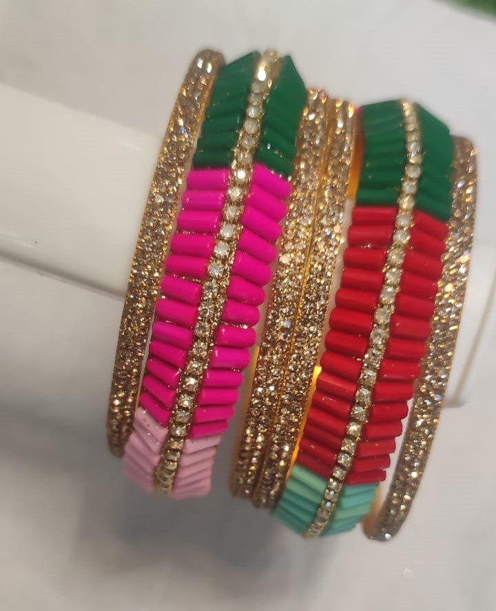 Vibrant Multicolor Glass Bangles with Glittering Stones ( 6 piece set )