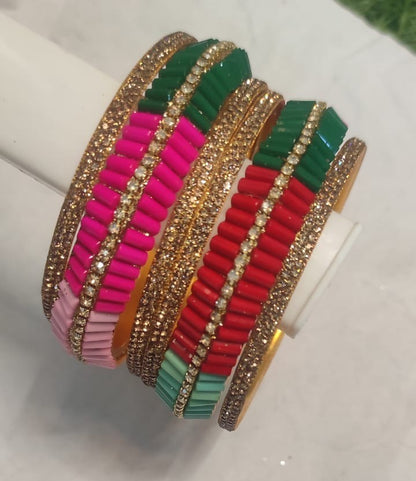 Vibrant Multicolor Glass Bangles with Glittering Stones ( 6 piece set )