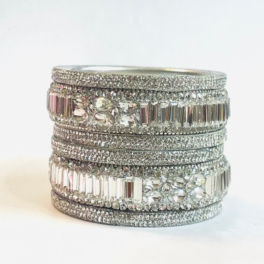 Stone & Kundan Stud Boss Metal 6-Piece Kangan Set - Silver Crystal Glamour