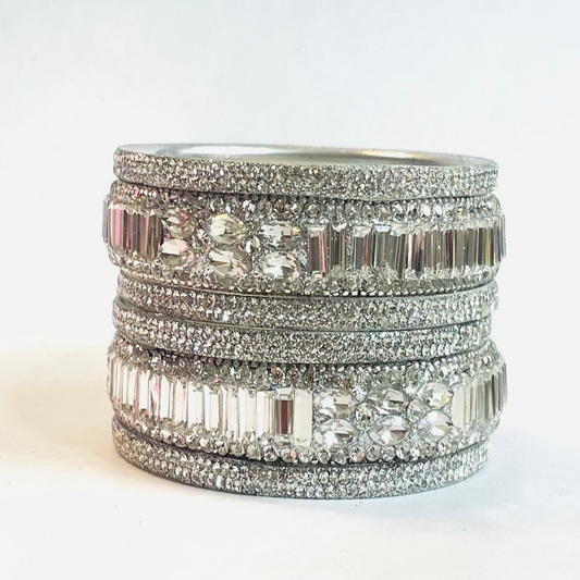Stone & Kundan Stud Boss Metal 6-Piece Kangan Set - Silver Crystal Glamour