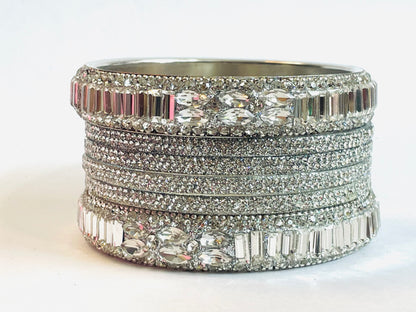 Stone & Kundan Stud Boss Metal 6-Piece Kangan Set - Silver Crystal Glamour