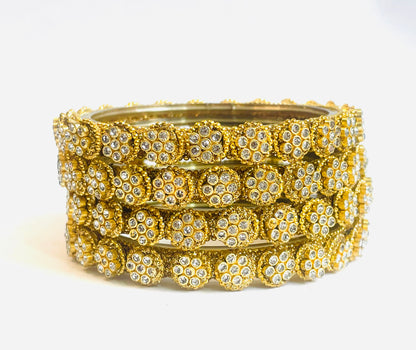 Antique Gold Floral Crystal Bangles - Pair