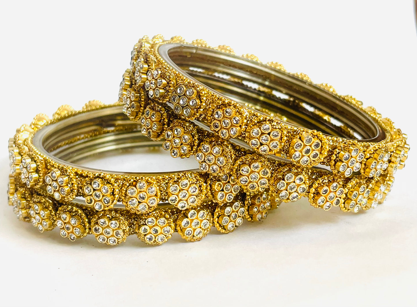 Antique Gold Floral Crystal Bangles - Pair