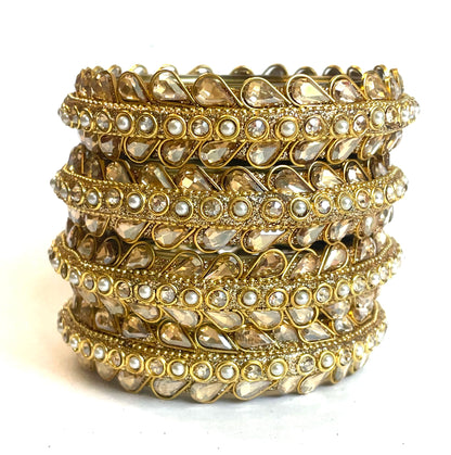 Golden Kundan & Pearl Bangles - Set of 6