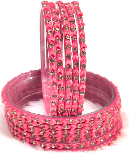 Pink Crystal & Beaded Bangles – Elegant Traditional Bangle Set for Women