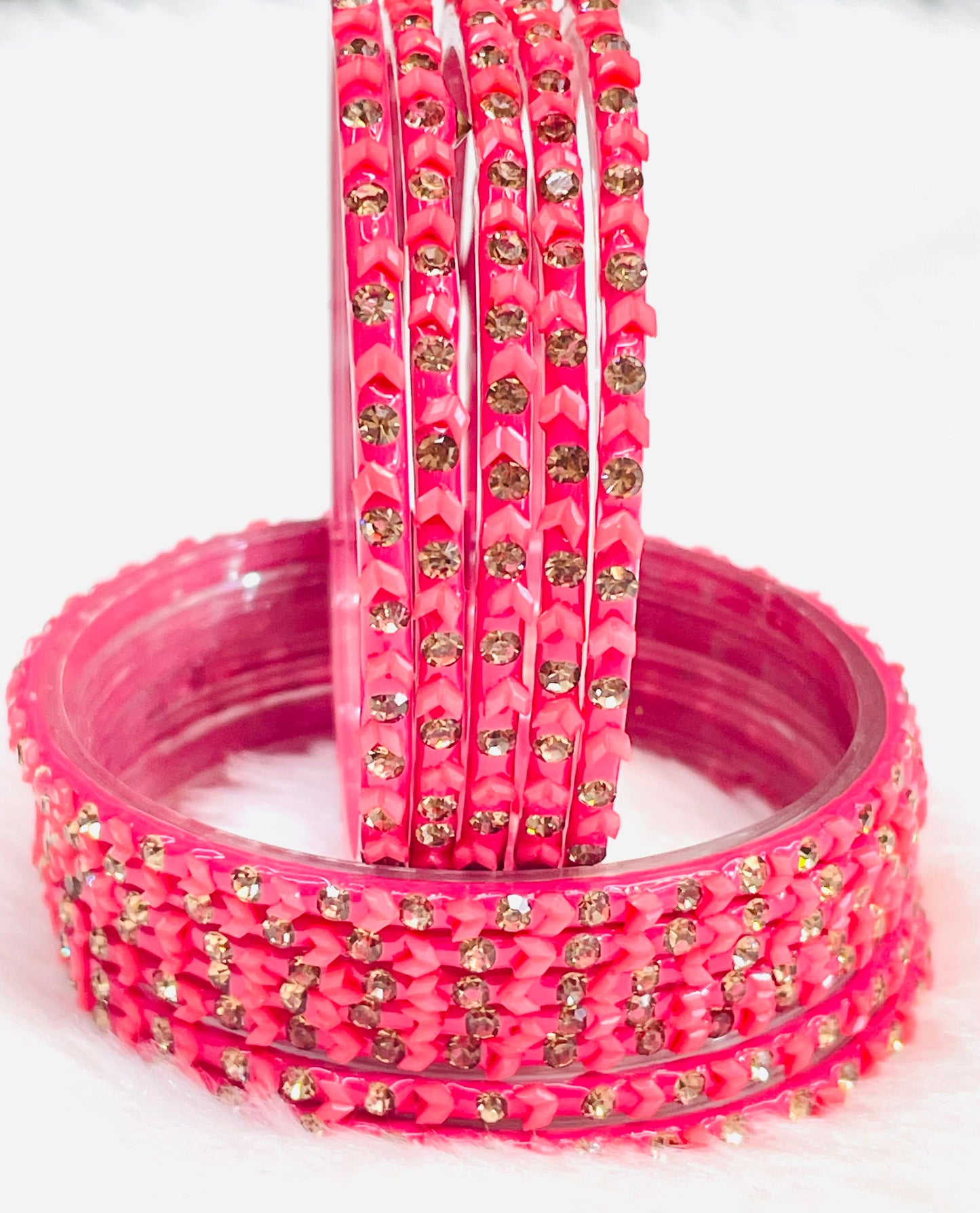 Pink Crystal & Beaded Bangles – Elegant Traditional Bangle Set for Women