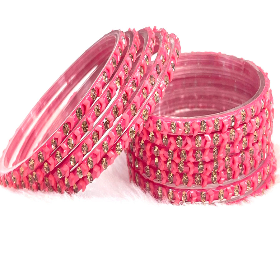 Pink Crystal & Beaded Bangles – Elegant Traditional Bangle Set for Women