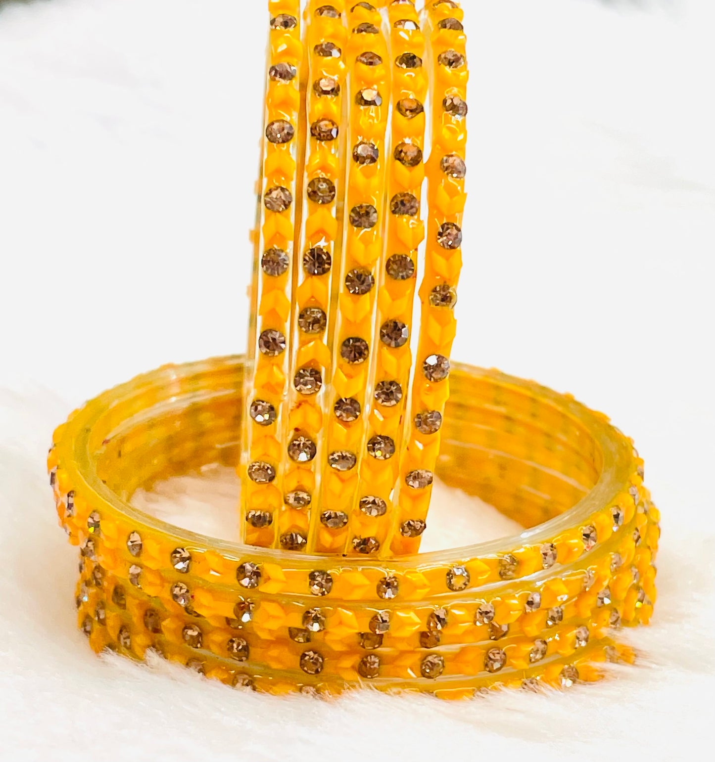 Golden Yellow Crystal & Beaded Bangles – Traditional Ethnic Bangle Set for Women