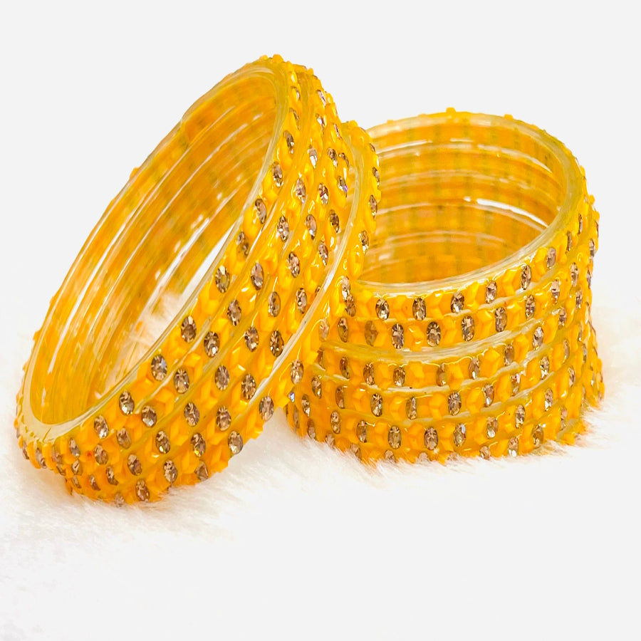Golden Yellow Crystal & Beaded Bangles – Traditional Ethnic Bangle Set for Women