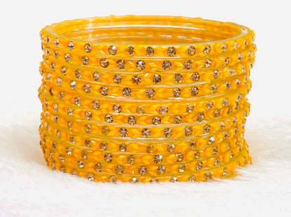 Golden Yellow Crystal & Beaded Bangles – Traditional Ethnic Bangle Set for Women