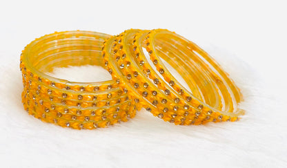 Golden Yellow Crystal & Beaded Bangles – Traditional Ethnic Bangle Set for Women