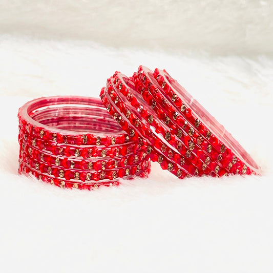Radiant Red Crystal-Embellished Bangle Set – Traditional Indian Glass Bangles for Women
