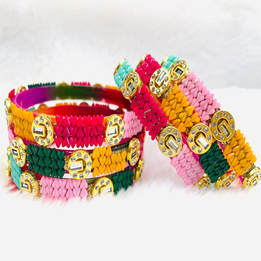 Vibrant Handcrafted Thread Bangles with Kundan Accents - Set of 6
