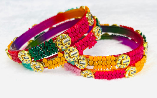 Vibrant Handcrafted Thread Bangles with Kundan Accents - Set of 6