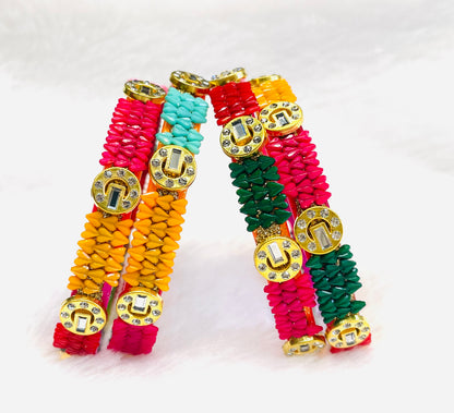 Vibrant Handcrafted Thread Bangles with Kundan Accents - Set of 6