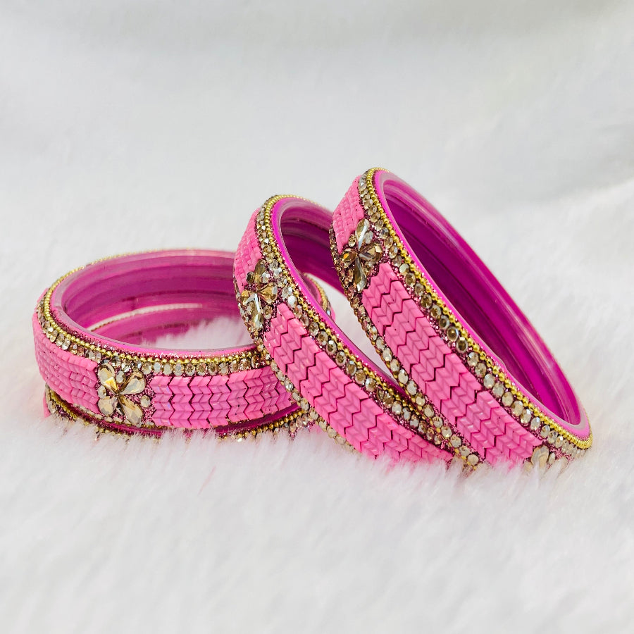 Radiant Pink & Gold Embellished Bangle Set - Traditional Indian Jewelry