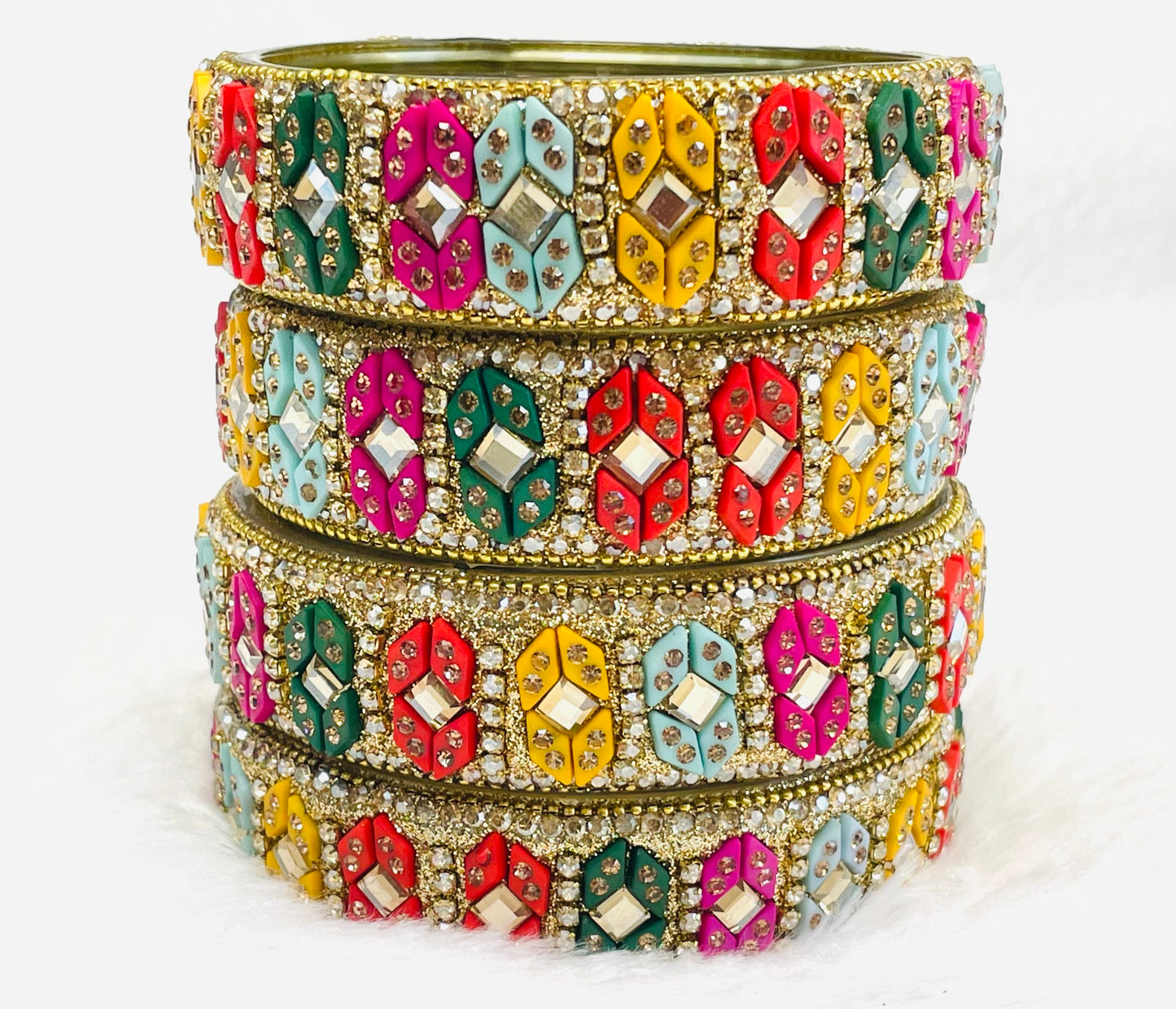 Vibrant Multicolor Crystal-Studded Bangles Set - Festive Indian Jewelry