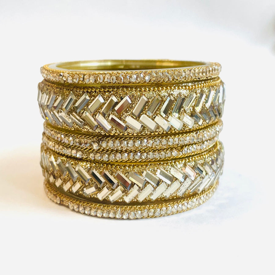 Geometric Crystal Gold Bangles - Contemporary Design