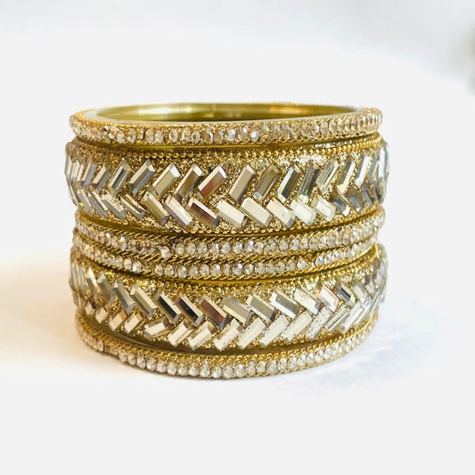 Geometric Crystal Gold Bangles - Contemporary Design