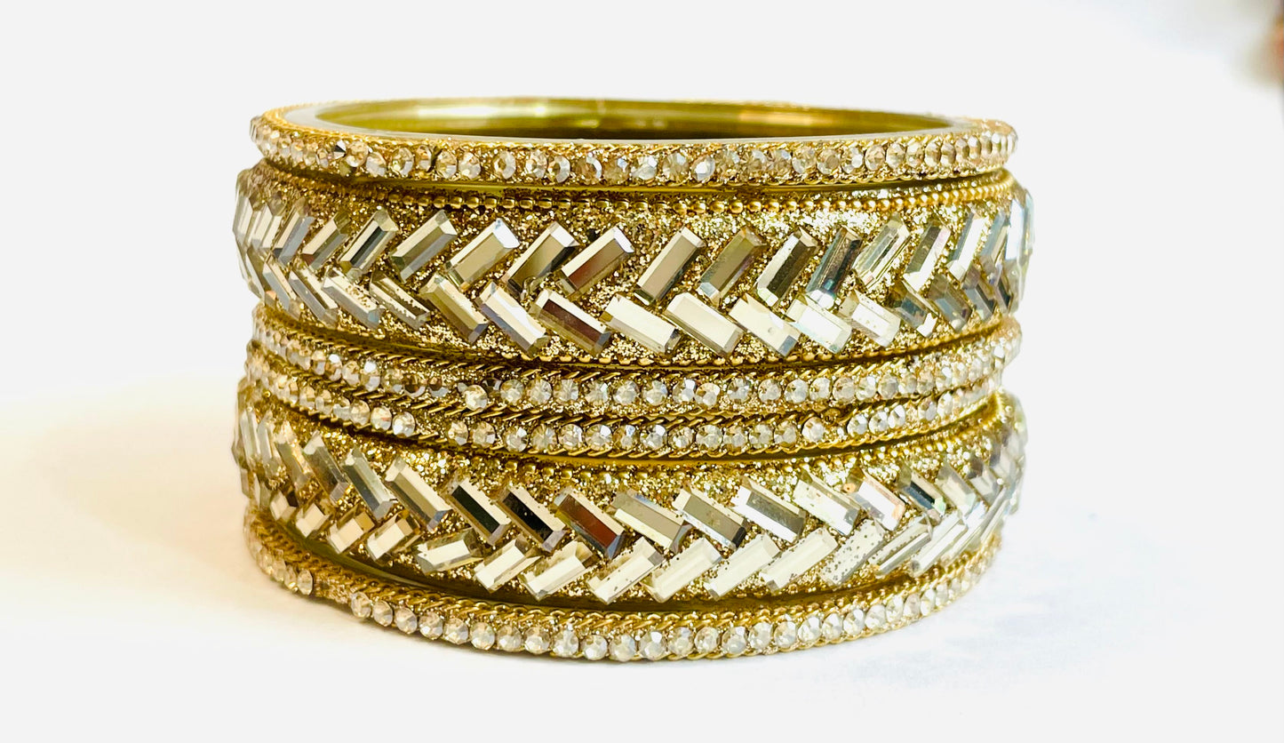 Geometric Crystal Gold Bangles - Contemporary Design