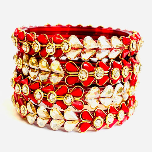 Traditional Red & Gold Bangles with Crystal Petal Accents
