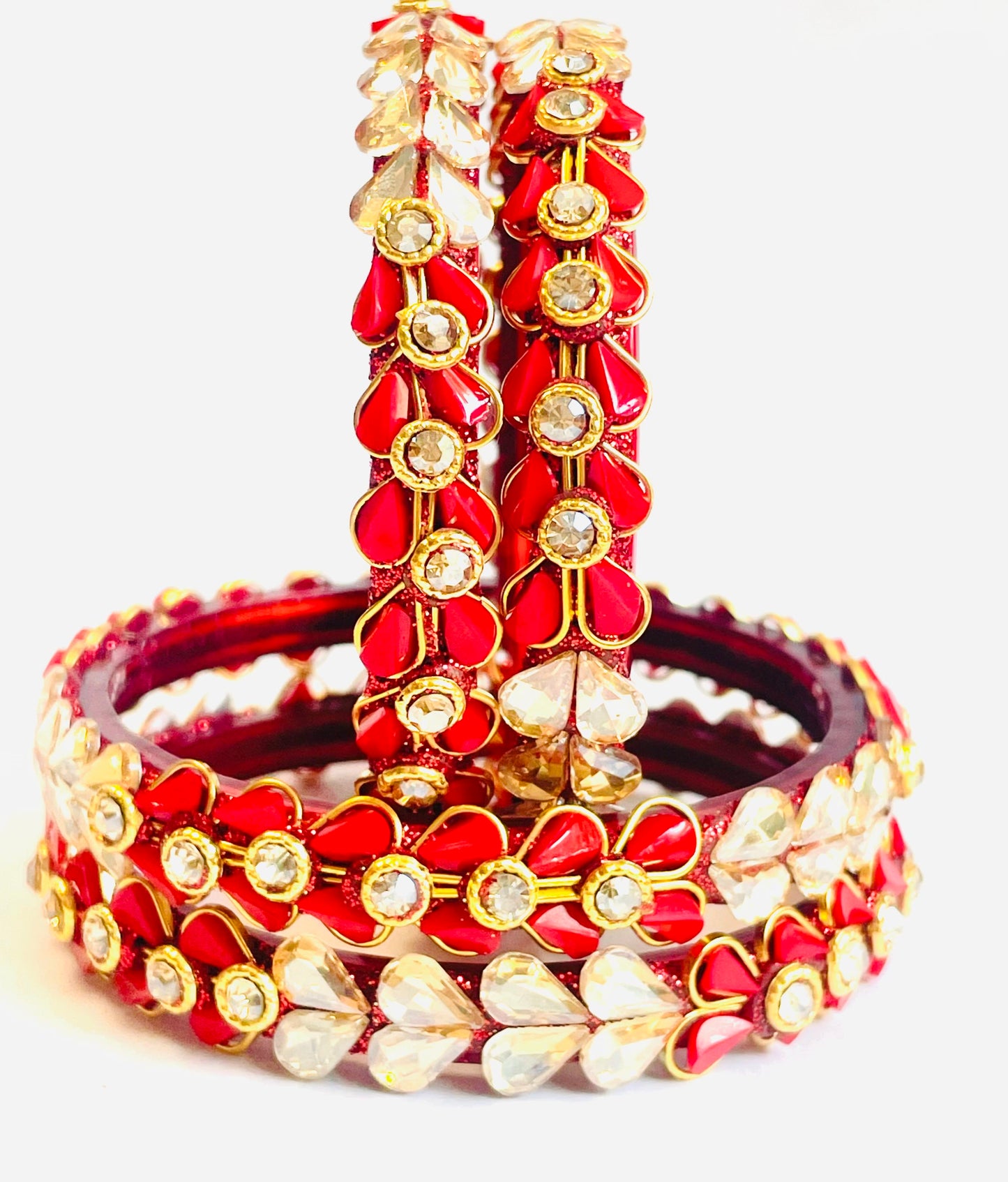 Traditional Red & Gold Bangles with Crystal Petal Accents