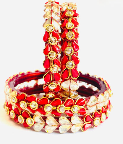 Traditional Red & Gold Bangles with Crystal Petal Accents
