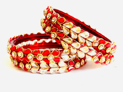 Traditional Red & Gold Bangles with Crystal Petal Accents