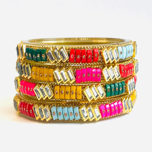 Beautiful set of four multi-colored bangles with modern crystal design.