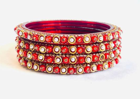 Traditional Red Glass Bangles with Pearl & Crystal Detailing