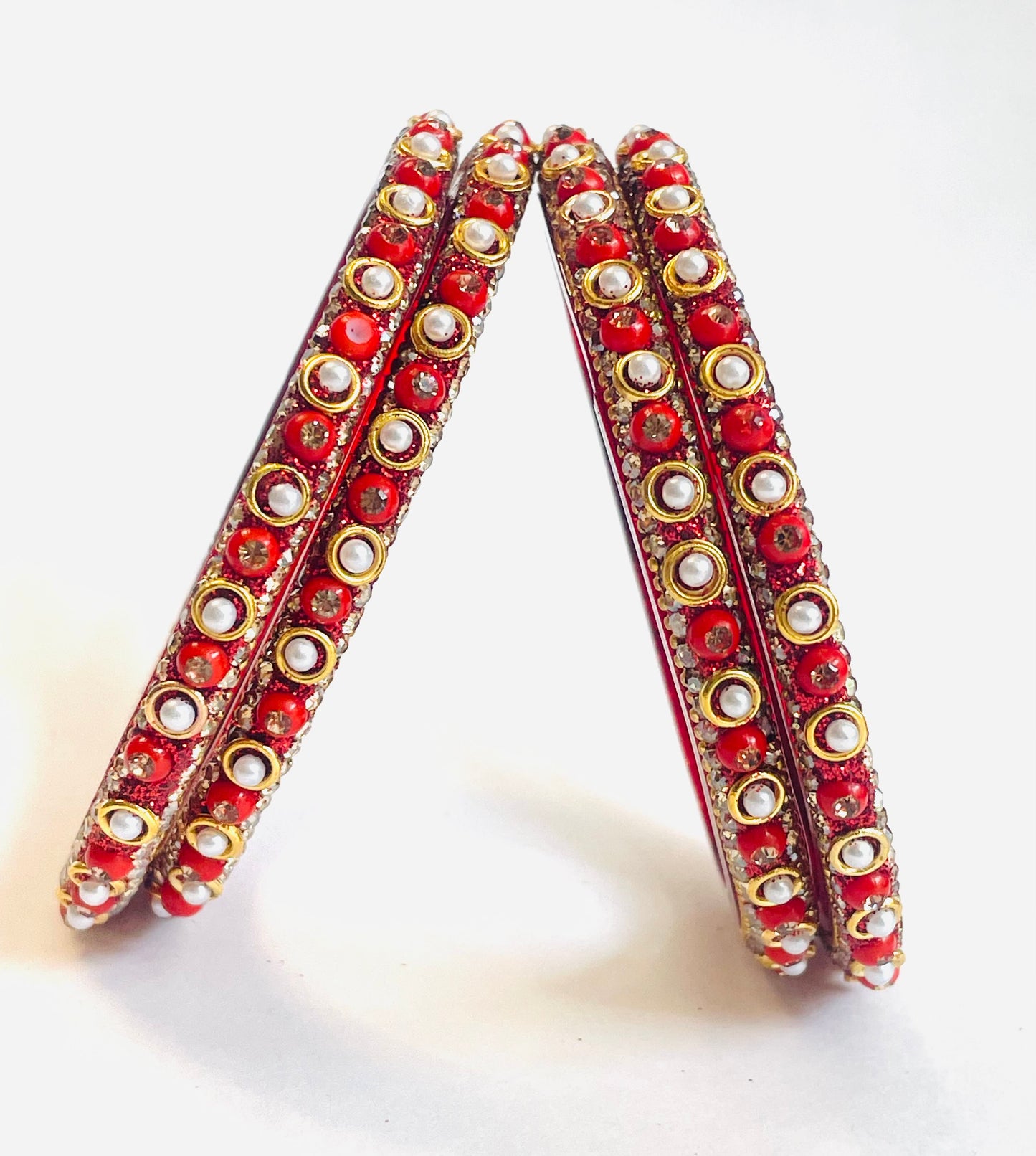 Traditional Red Glass Bangles with Pearl & Crystal Detailing