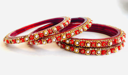 Traditional Red Glass Bangles with Pearl & Crystal Detailing