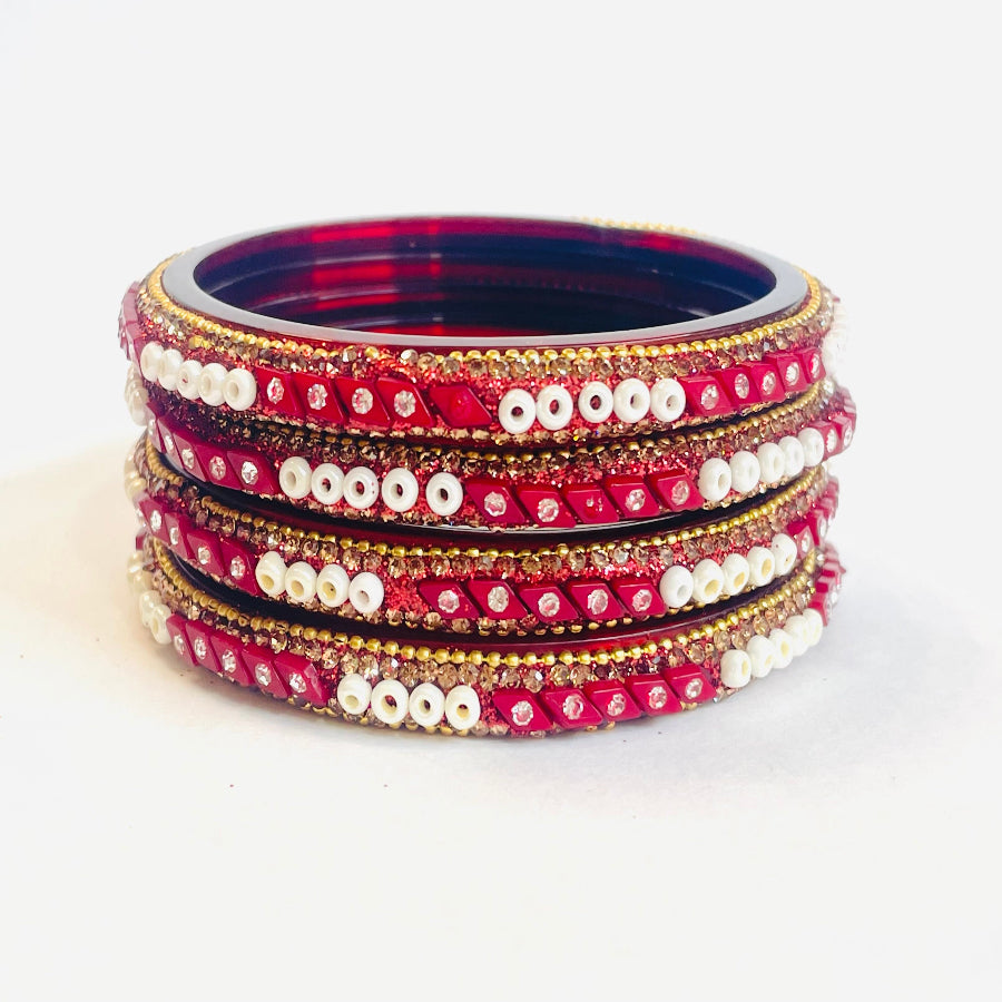 Designer Red Plastic Bangles - Pearl & Crystal Accents