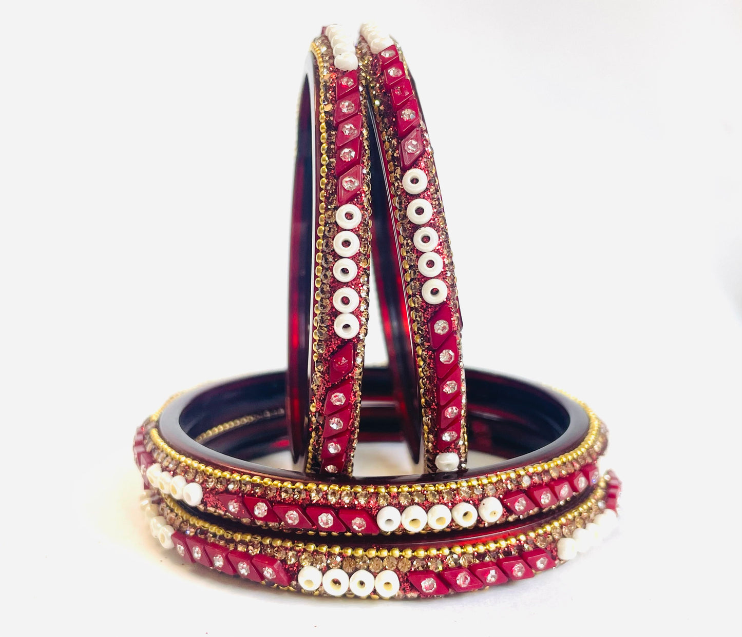 Designer Red Plastic Bangles - Pearl & Crystal Accents