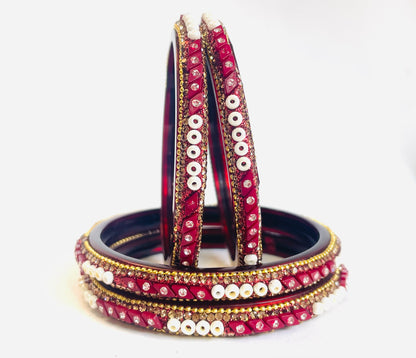 Designer Red Plastic Bangles - Pearl & Crystal Accents