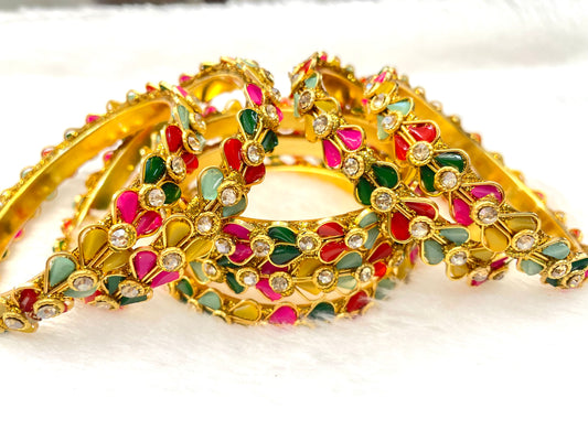 Handcrafted Kundan-Style Bangles with Enamel Petals - Set
