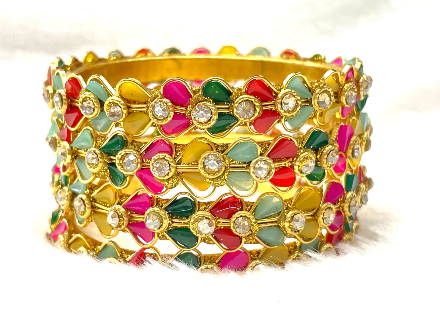 Handcrafted Kundan-Style Bangles with Enamel Petals - Set