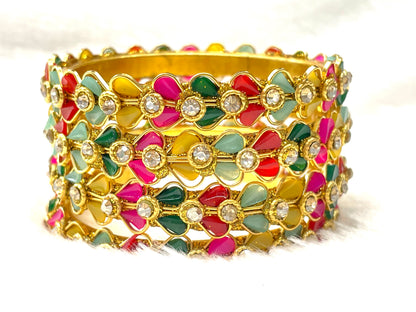 Handcrafted Kundan-Style Bangles with Enamel Petals - Set