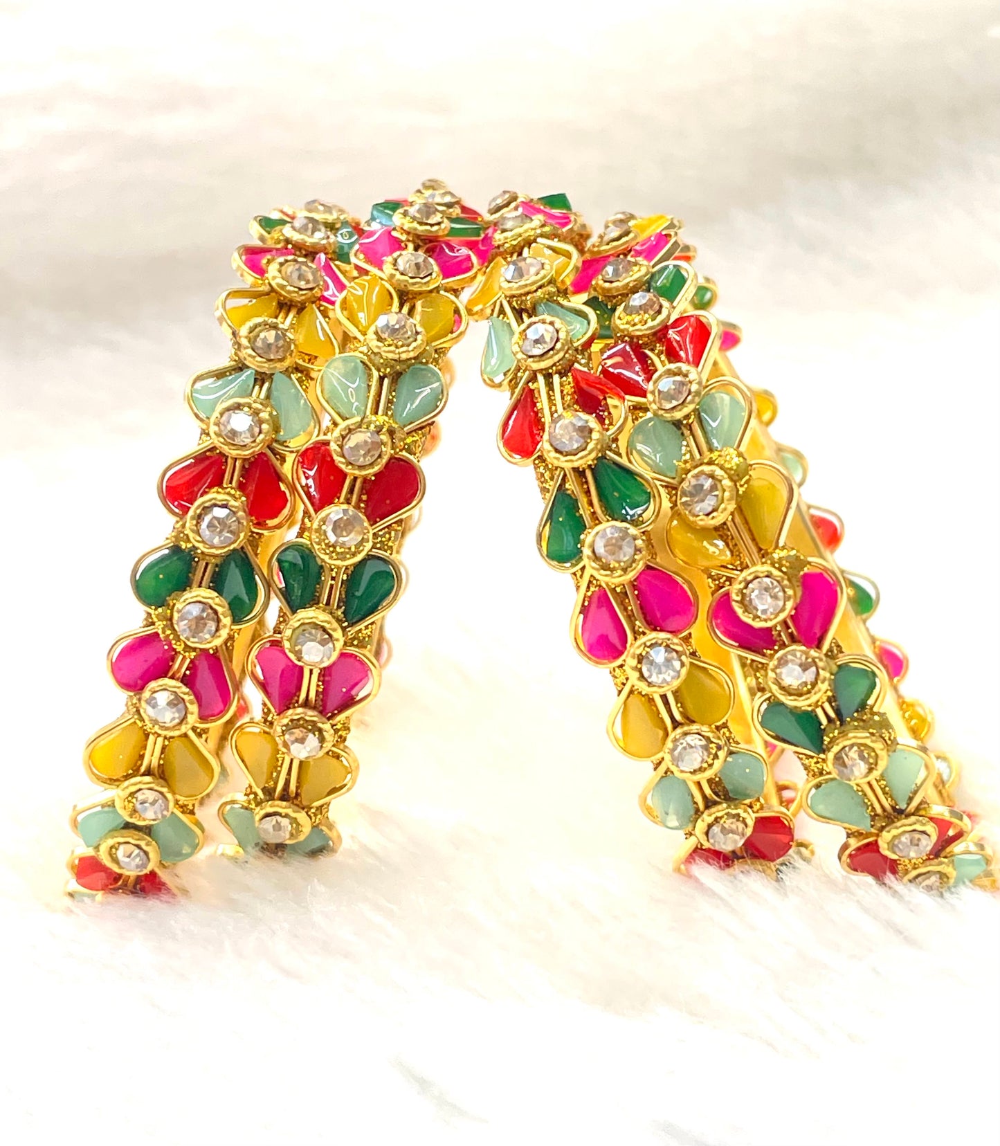 Handcrafted Kundan-Style Bangles with Enamel Petals - Set