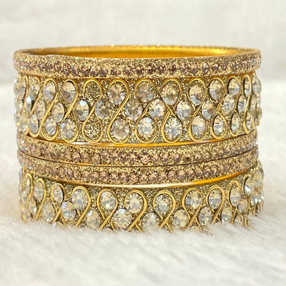 Sparkling Gold-Tone Kundan Bangles with Clear Crystals