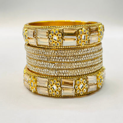 Art Deco Inspired Gold Bangles with Unique Crystal Detailing