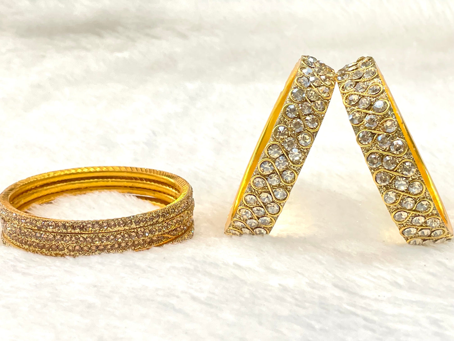 Sparkling Gold-Tone Kundan Bangles with Clear Crystals