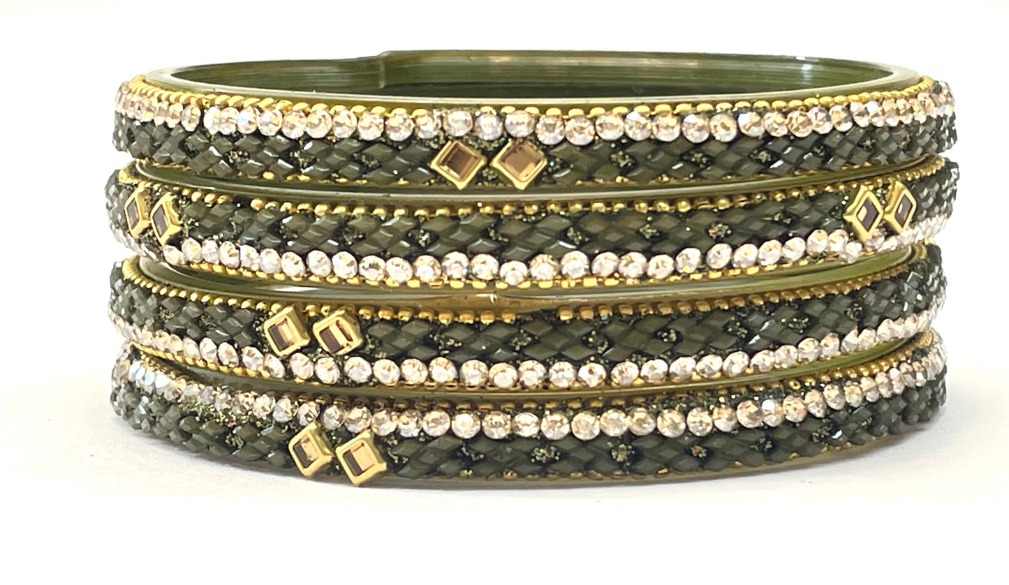 Elegant Glass Kangans - Mehndi Green with Diamond & Pearl Embellishments