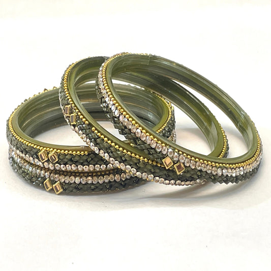 Elegant Glass Kangans - Mehndi Green with Diamond & Pearl Embellishments