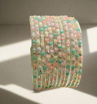 Pastel Multicolor Crystal Studded Glass Bangles Set