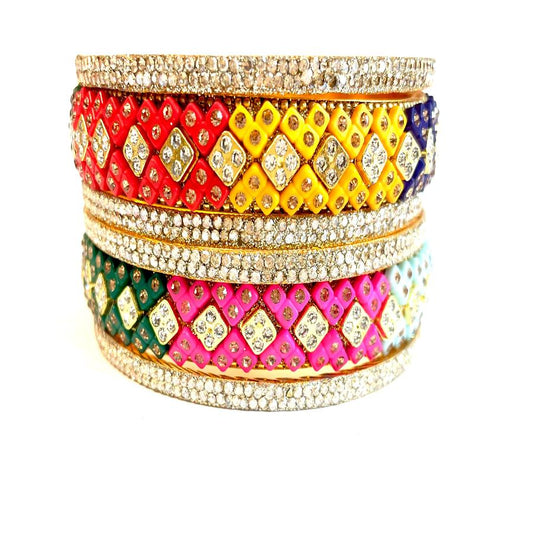 Vibrant Multicolored Crystal-Studded Bangles Set