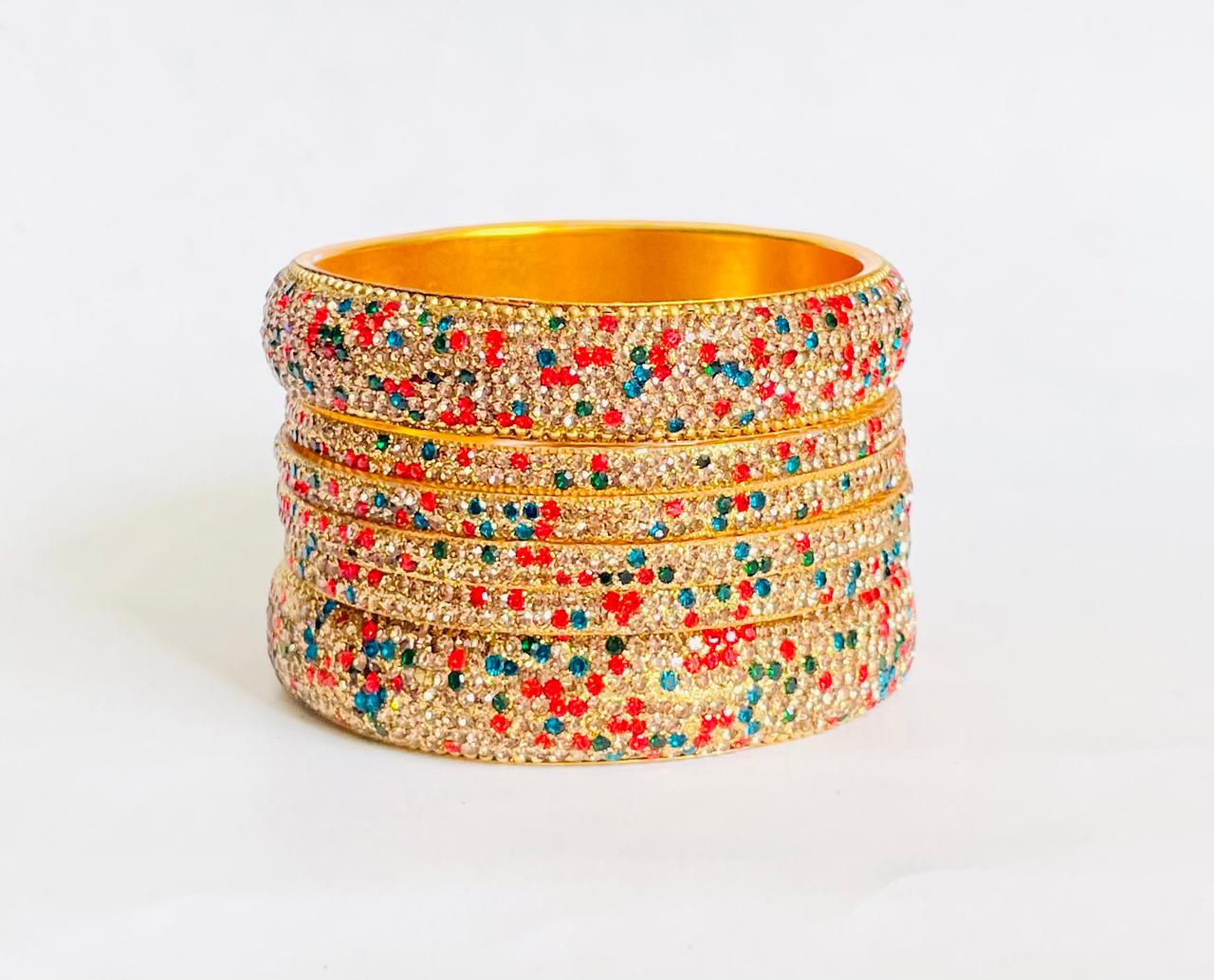 Multicolor Stone-Studded Gold Bangles Set