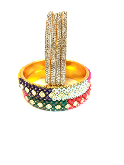 Vibrant Multicolored Crystal-Studded Bangles Set
