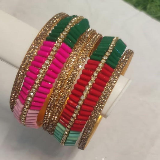 Vibrant Multicolor Glass Bangles with Glittering Stones ( 6 piece set )